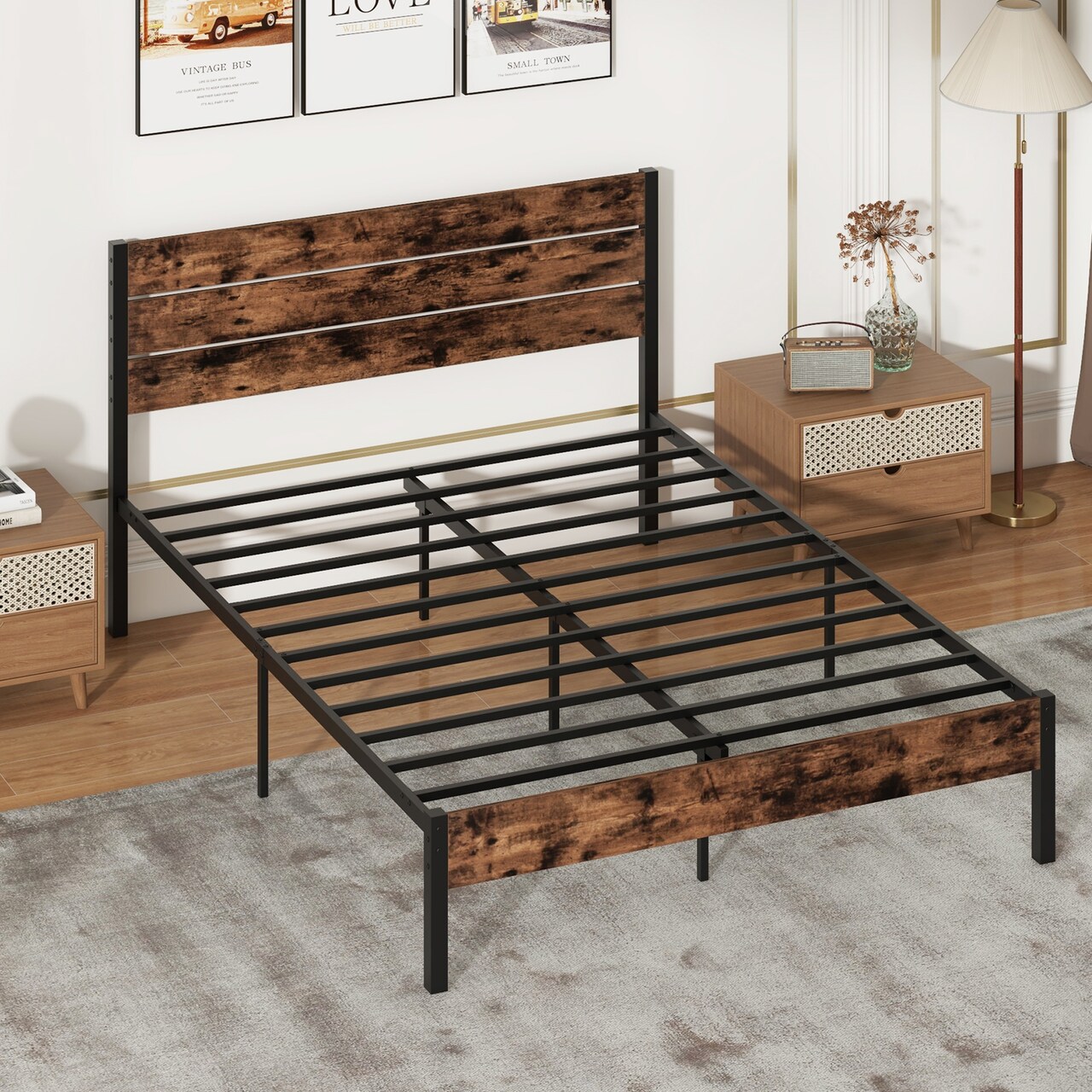 Platform Bed Frame with High Headboard and Mute Bar Perfect for Dorms or Kids